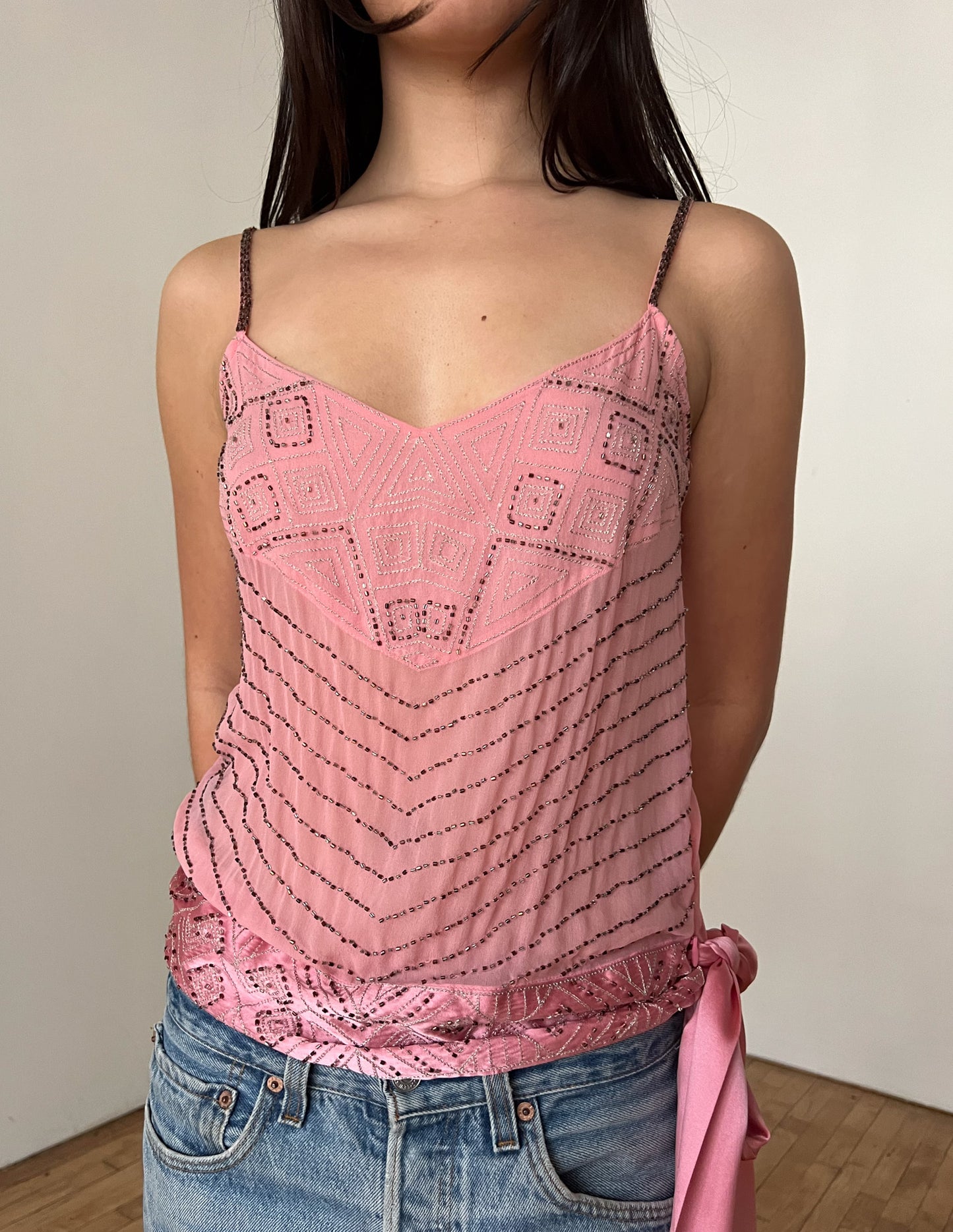 Bebe 100% Silk Beaded Top