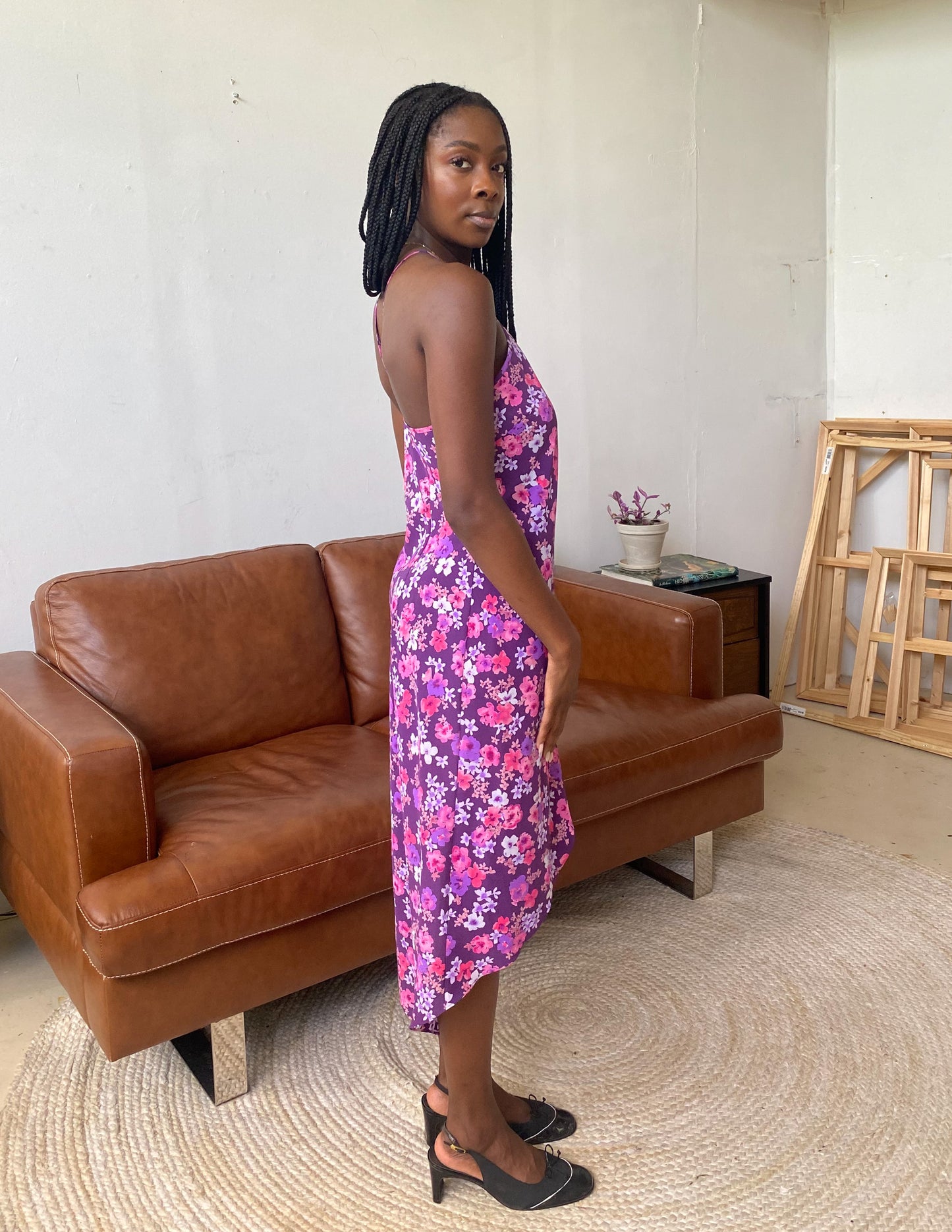 Vtg 90's Purple Floral Halter Maxi Dress