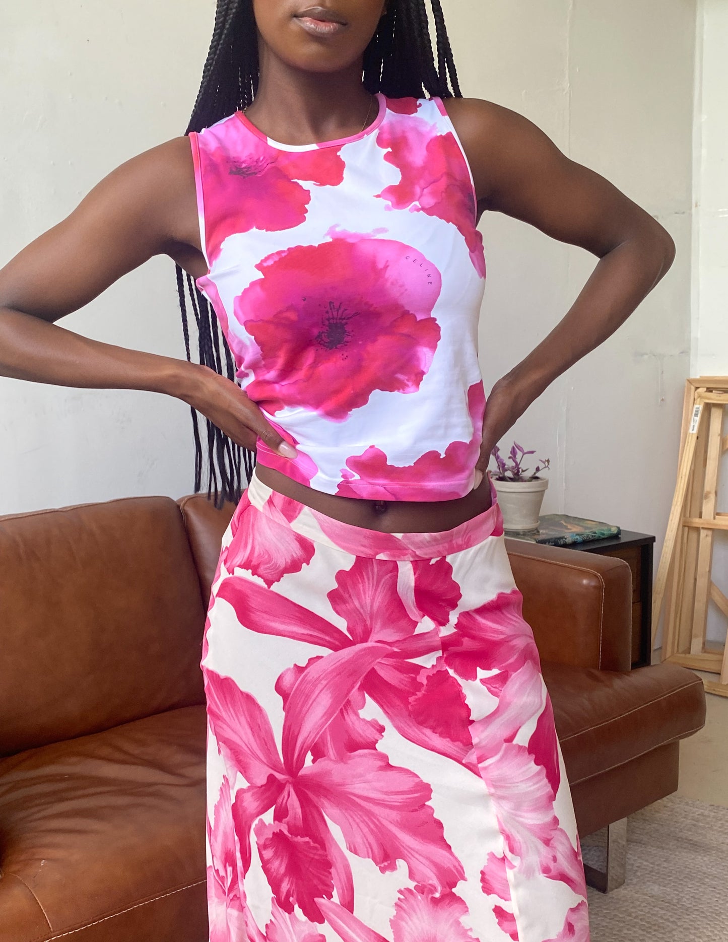 Vtg Celine Silk Floral Two-Piece Set