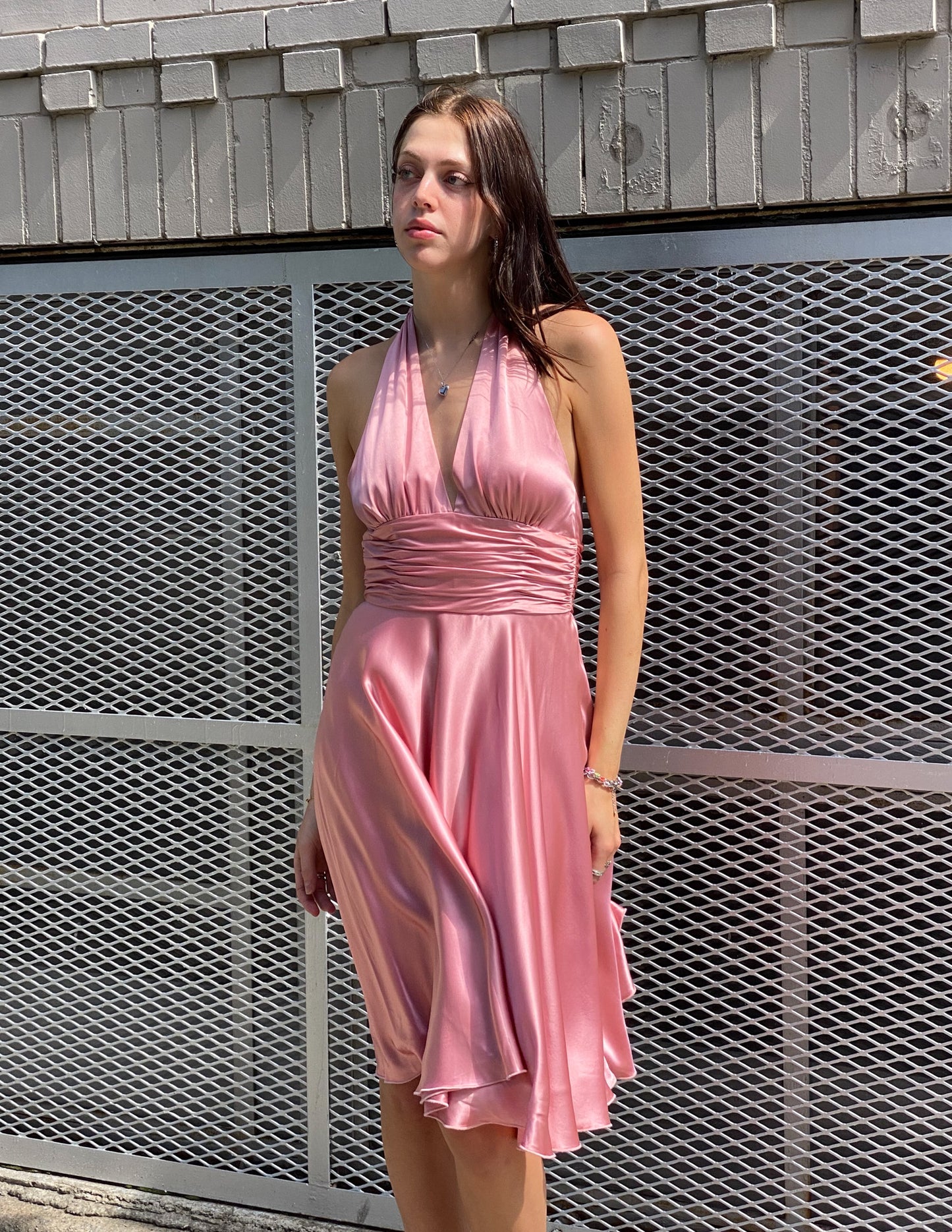 Vtg 100% Silk Pink Halter Dress