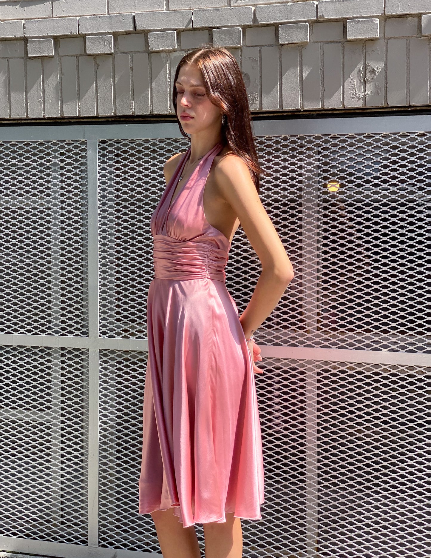 Vtg 100% Silk Pink Halter Dress