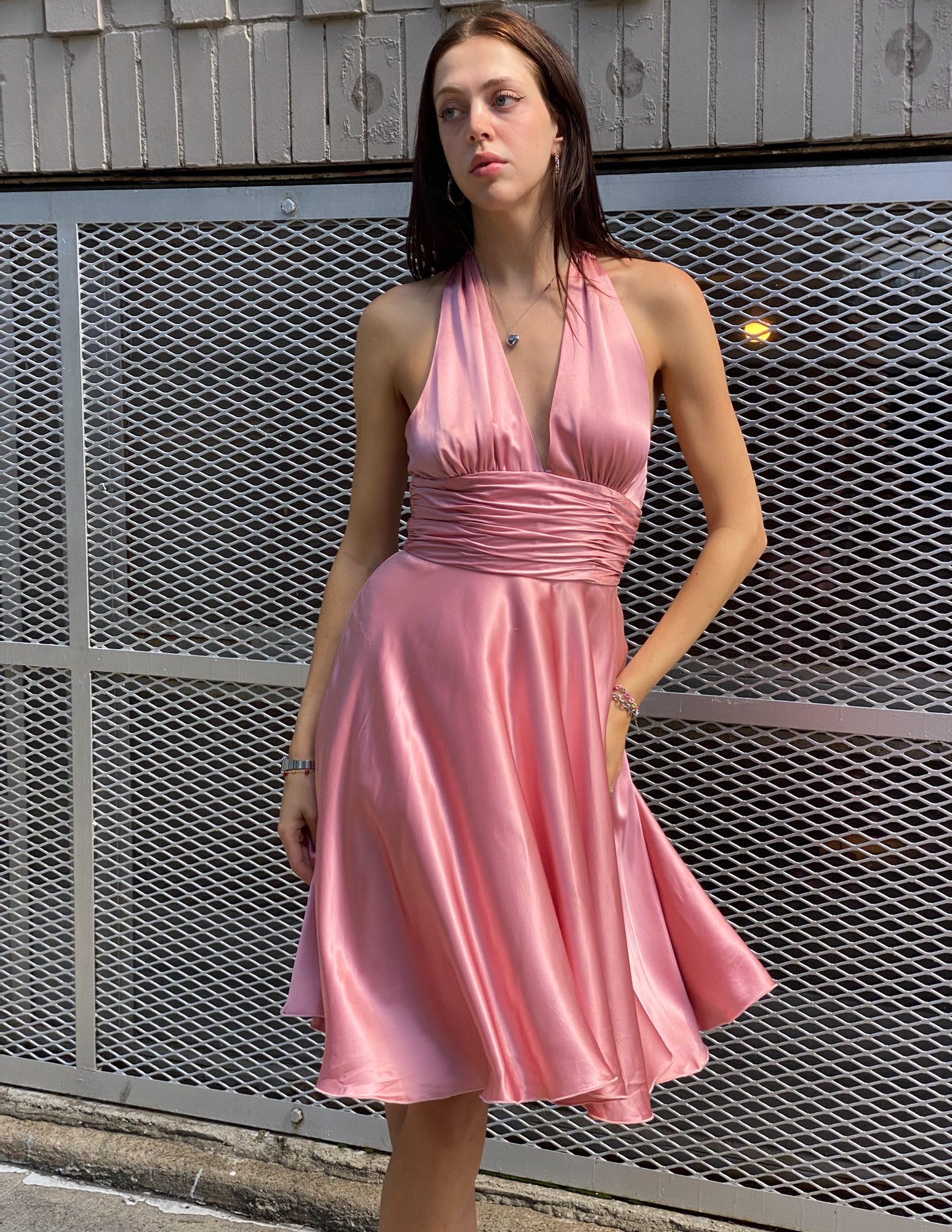 Vtg 100% Silk Pink Halter Dress