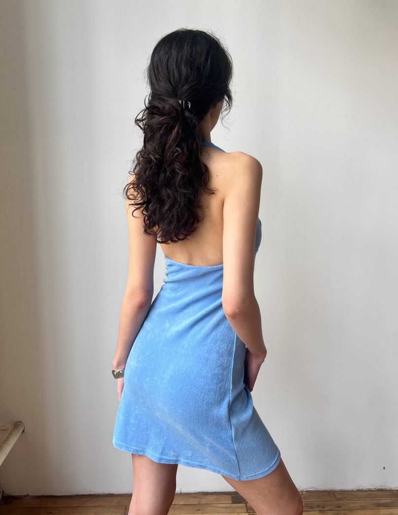 Deadstock Baby Blue Terry Cloth Halter Mini Sourced in St Tropez, France