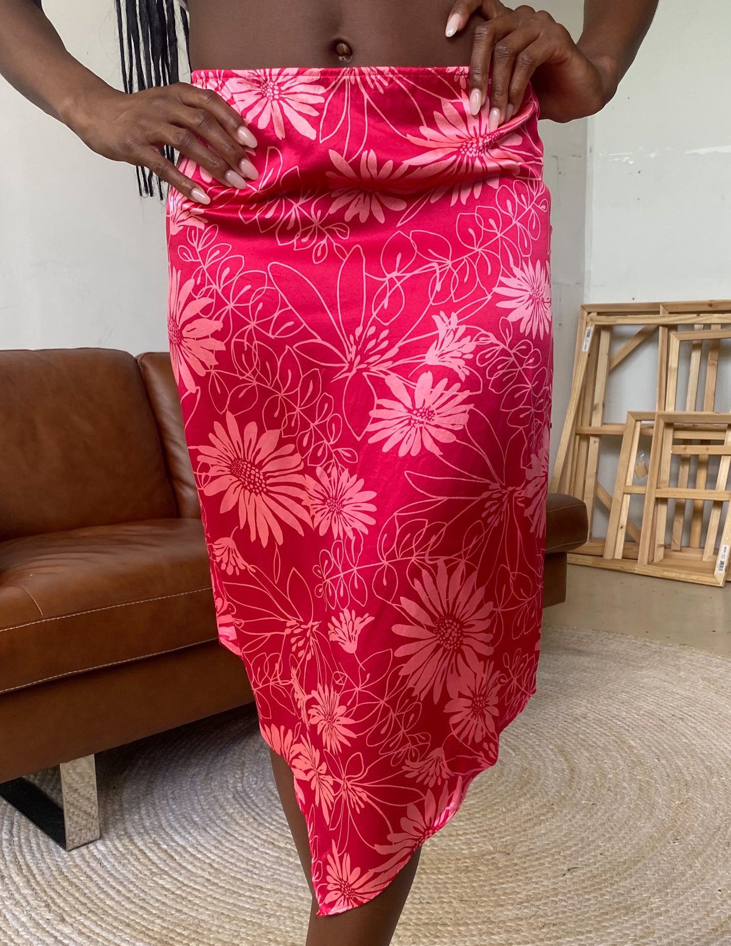 100% Silk Floral Hanky Hem Midi Skirt