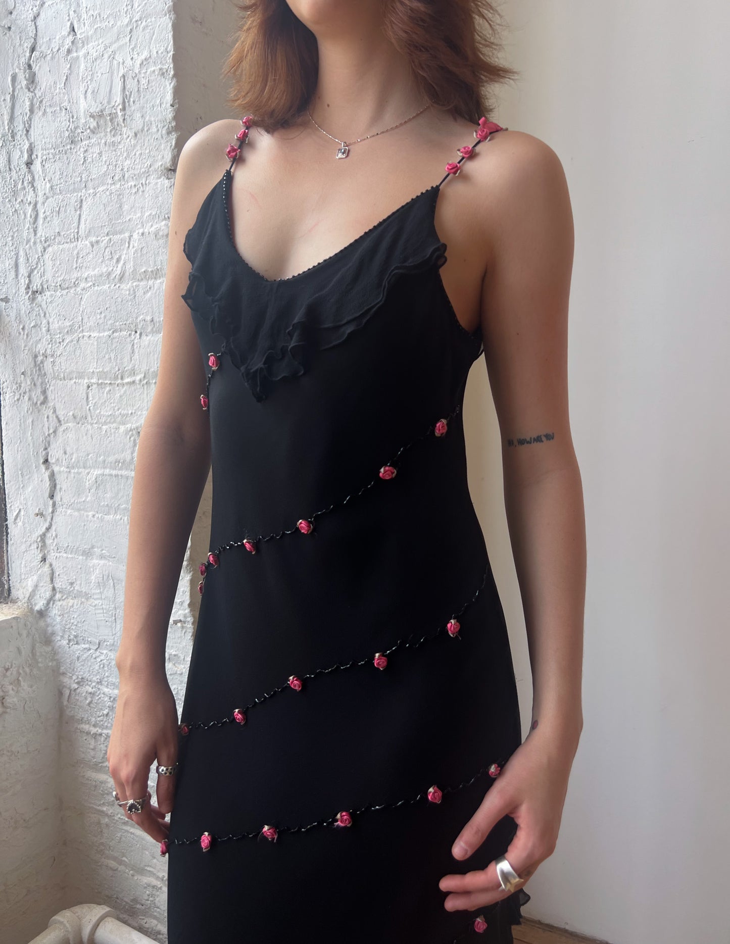 100% Silk Asymmetric Pink Rosebud Detail Dress