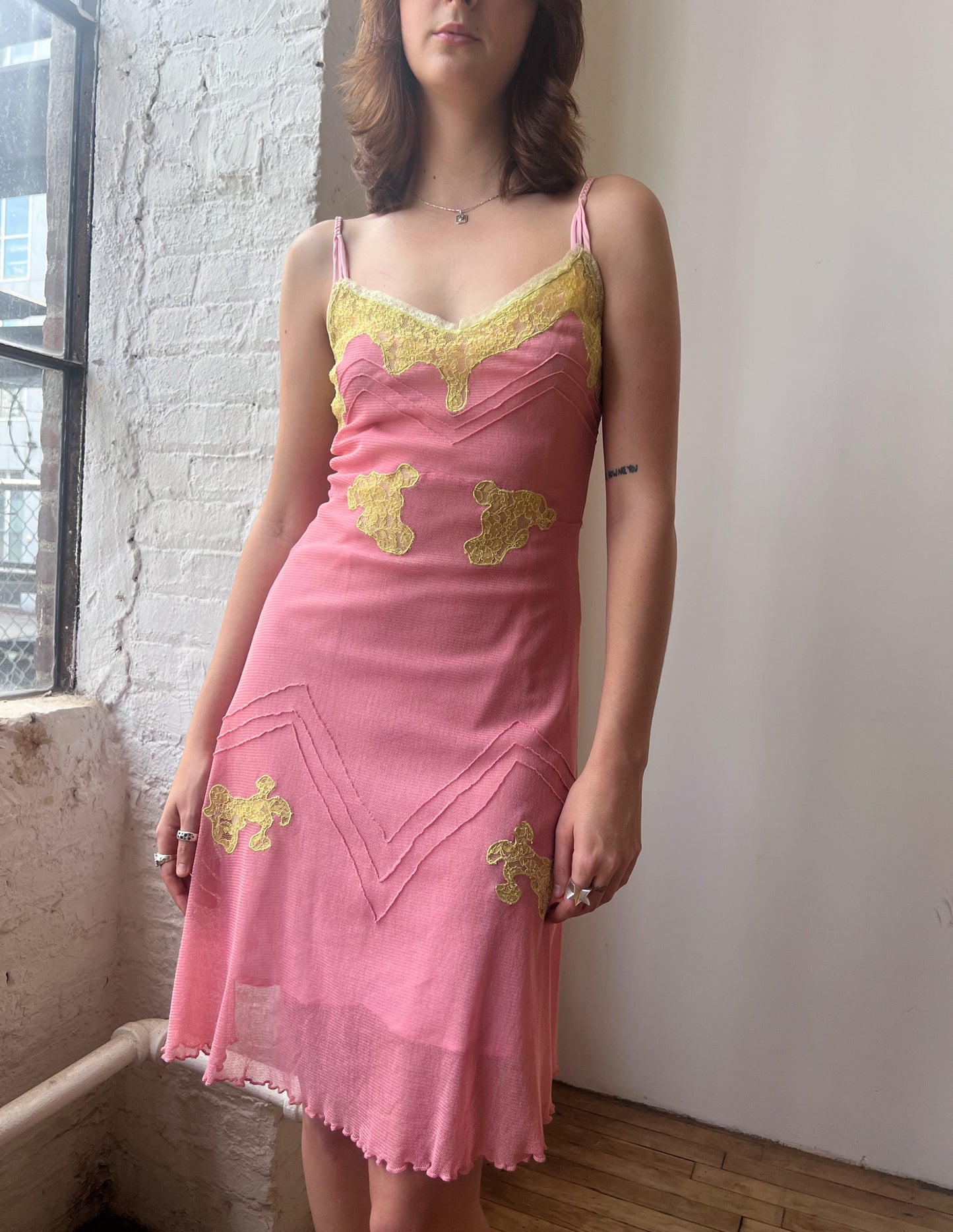 Betsey Johnson Pink & Yellow Lace Trim Midi