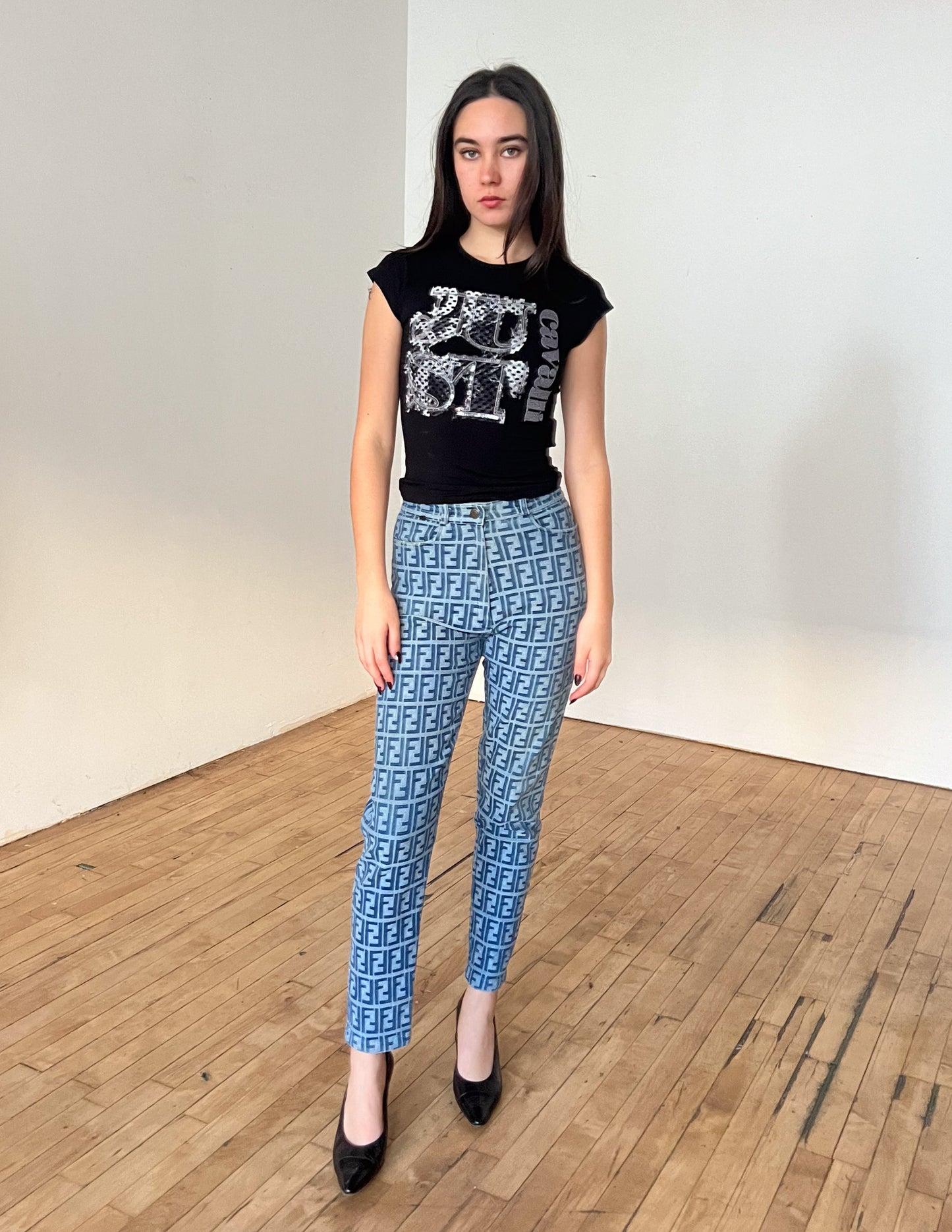 Fendi Blue Zucca All Over High Waisted Pants
