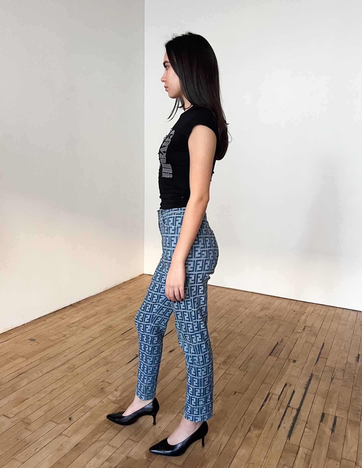 Fendi Blue Zucca All Over High Waisted Pants