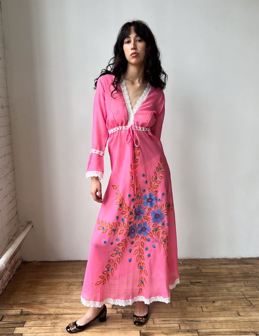 1970s Italian Hand Painted Semi-sheer Lace Trim Gown