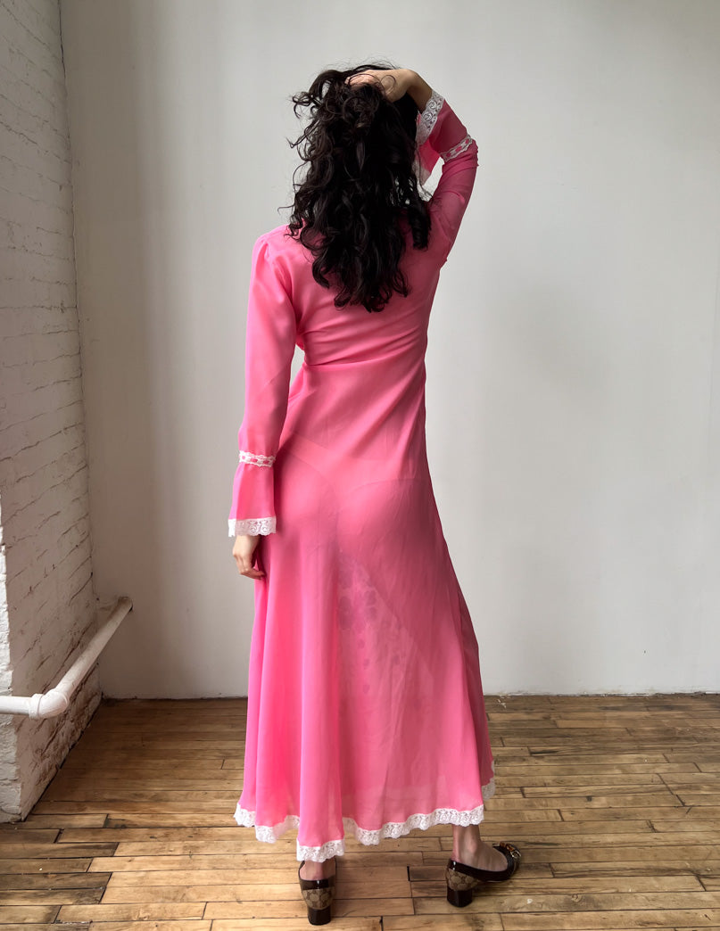 1970s Italian Hand Painted Semi-sheer Lace Trim Gown