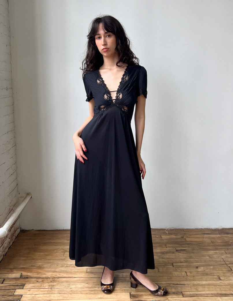 Vtg Black Nylon Lace Detail Gown