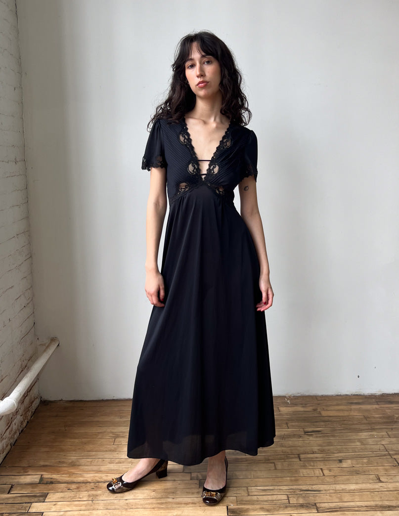 Vtg Black Nylon Lace Detail Gown