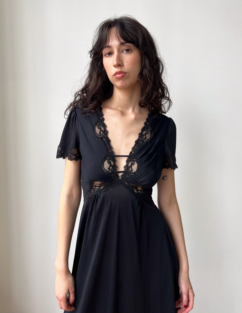 Vtg Black Nylon Lace Detail Gown