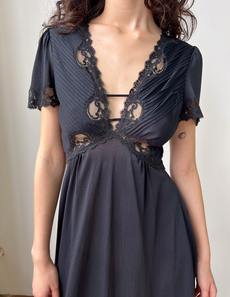 Vtg Black Nylon Lace Detail Gown