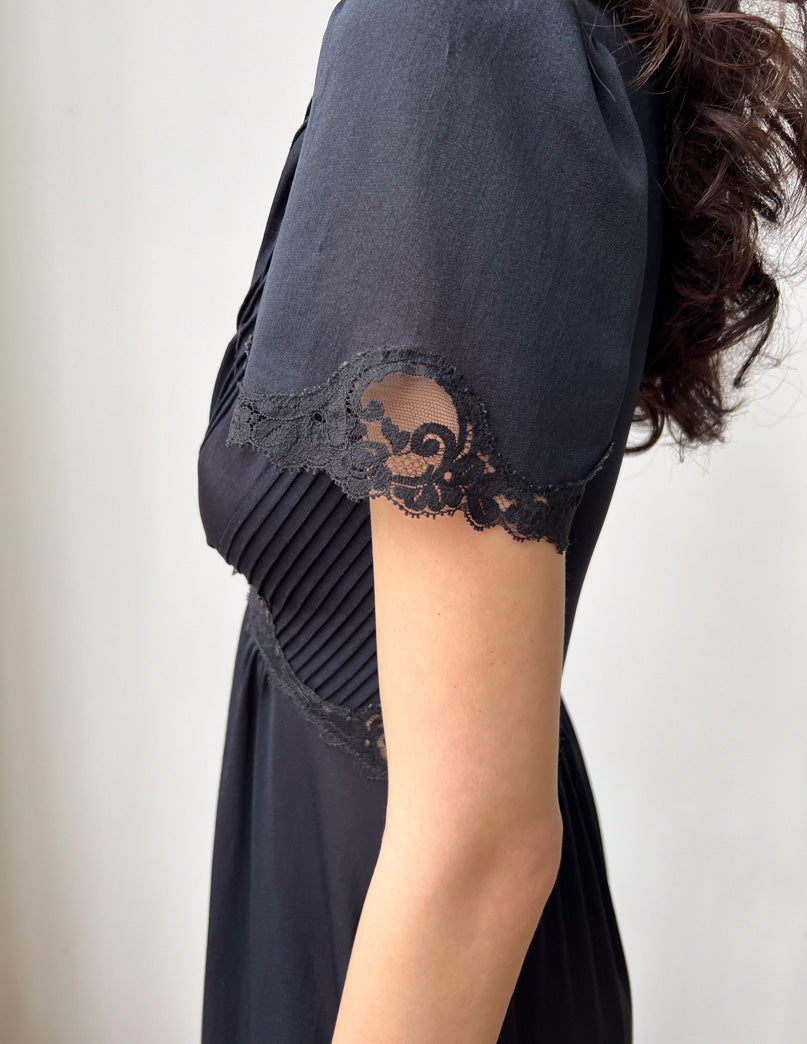 Vtg Black Nylon Lace Detail Gown