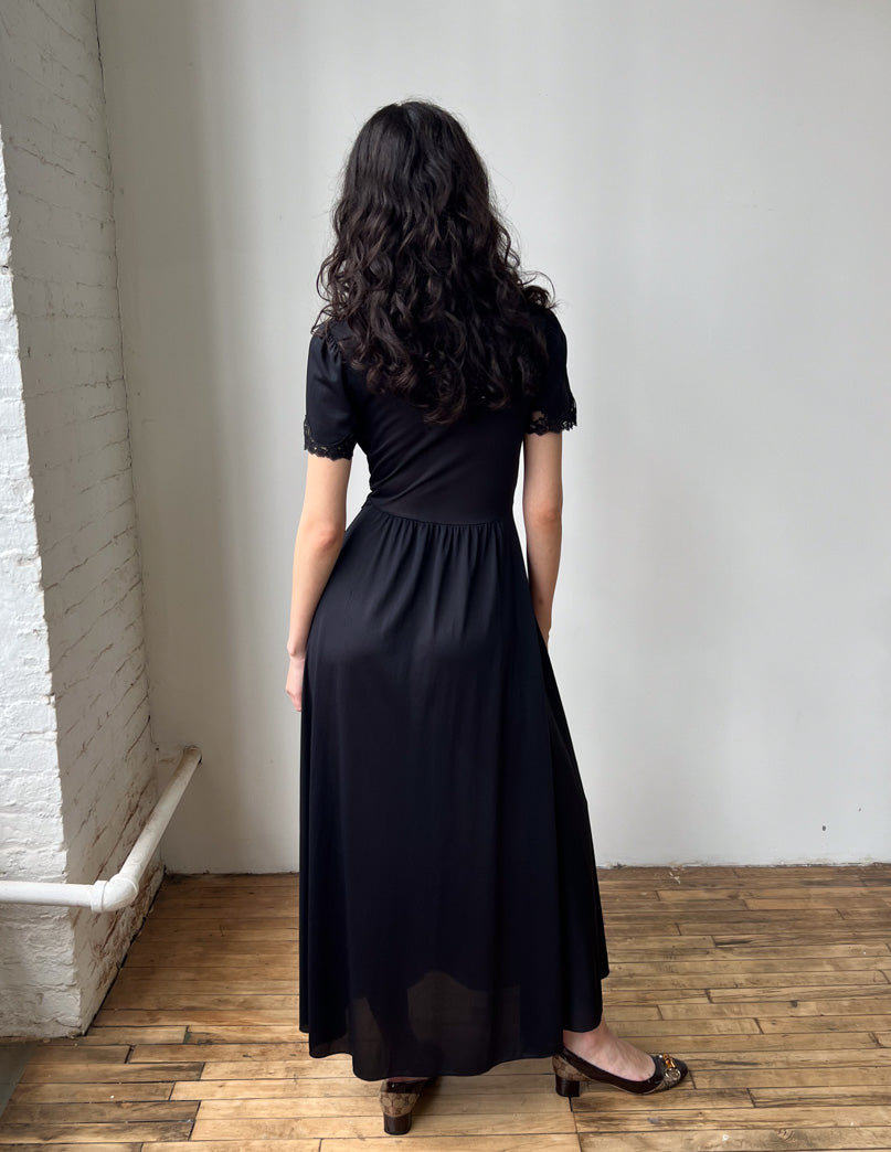 Vtg Black Nylon Lace Detail Gown