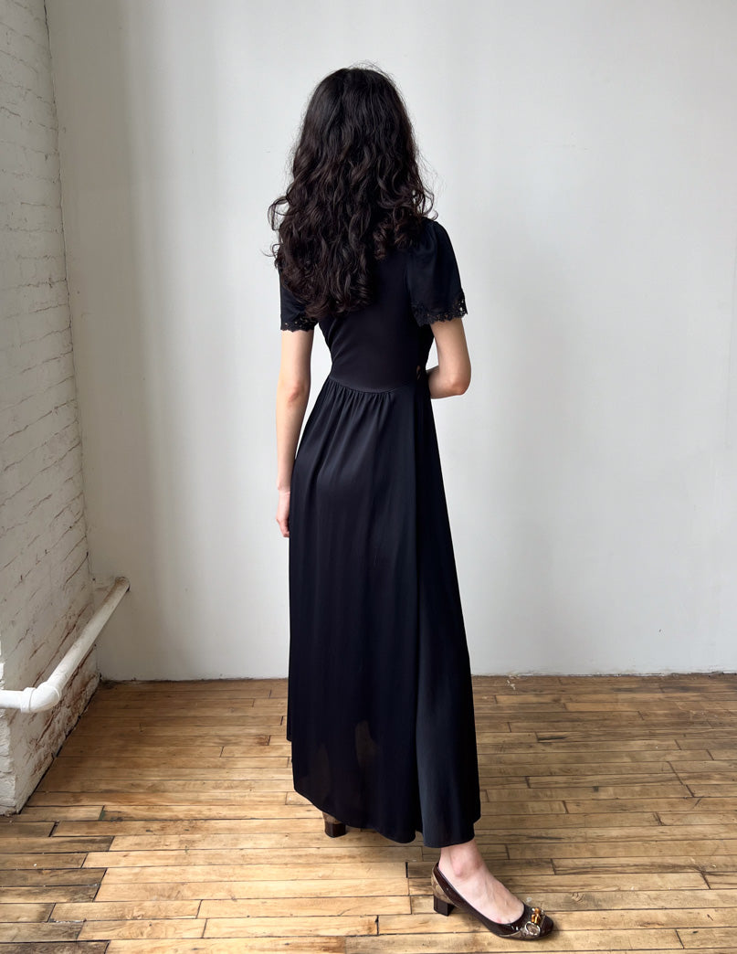 Vtg Black Nylon Lace Detail Gown