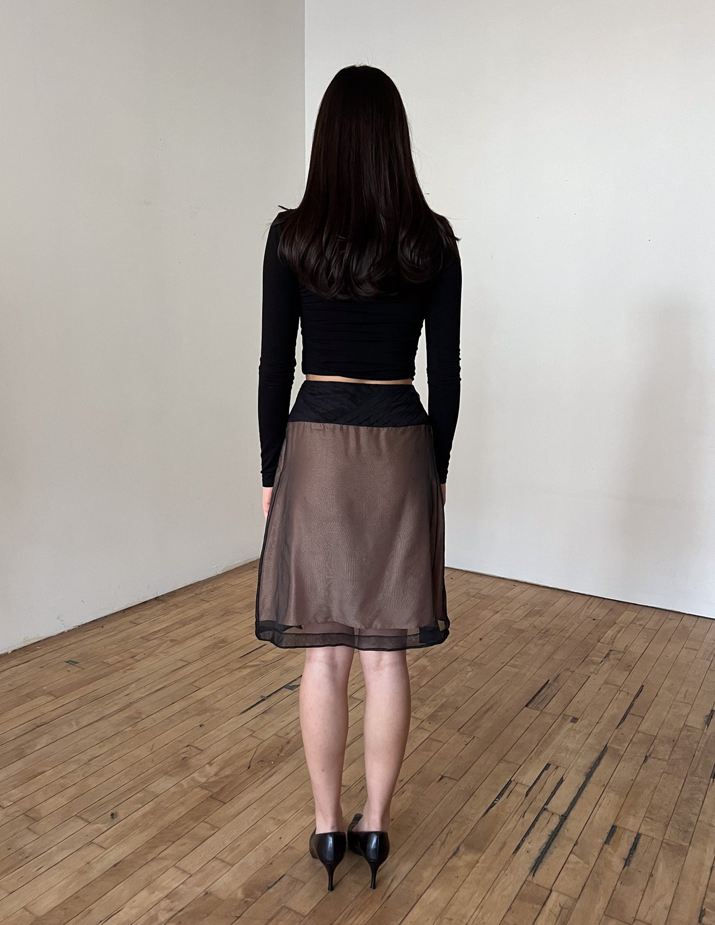 Celine 100% Silk Black & Nude Pink Overlay Skirt