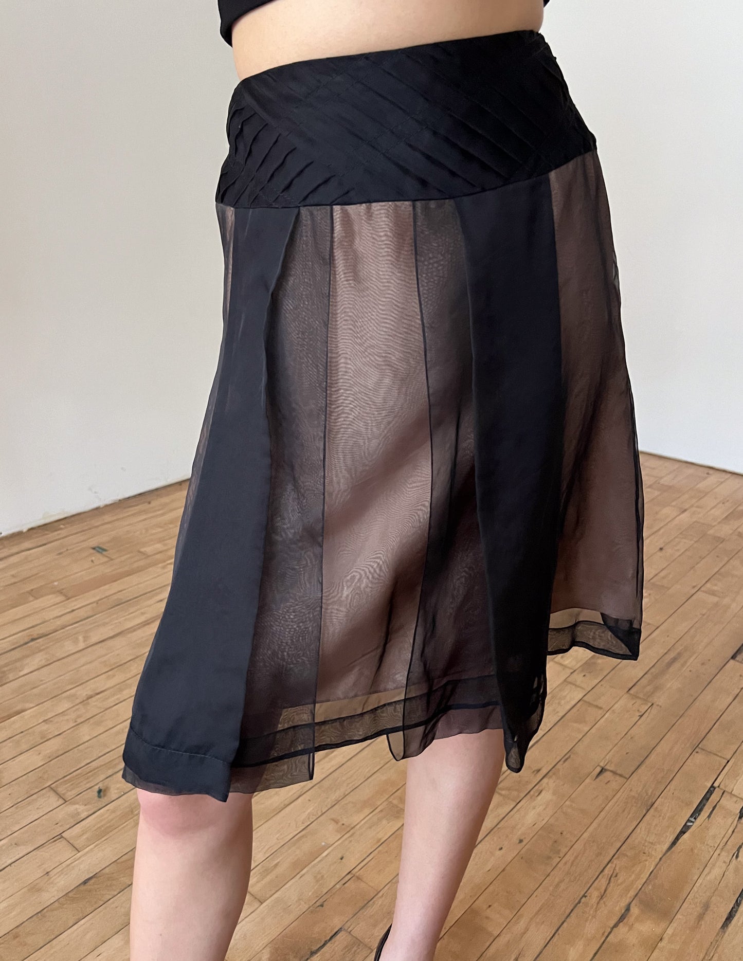 Celine 100% Silk Black & Nude Pink Overlay Skirt