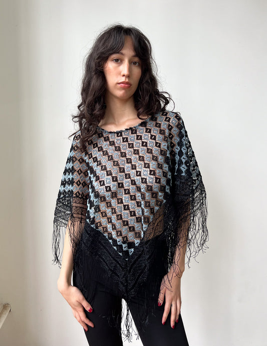 Vtg Crochet Black & Powder Blue Poncho Sourced in CDMX