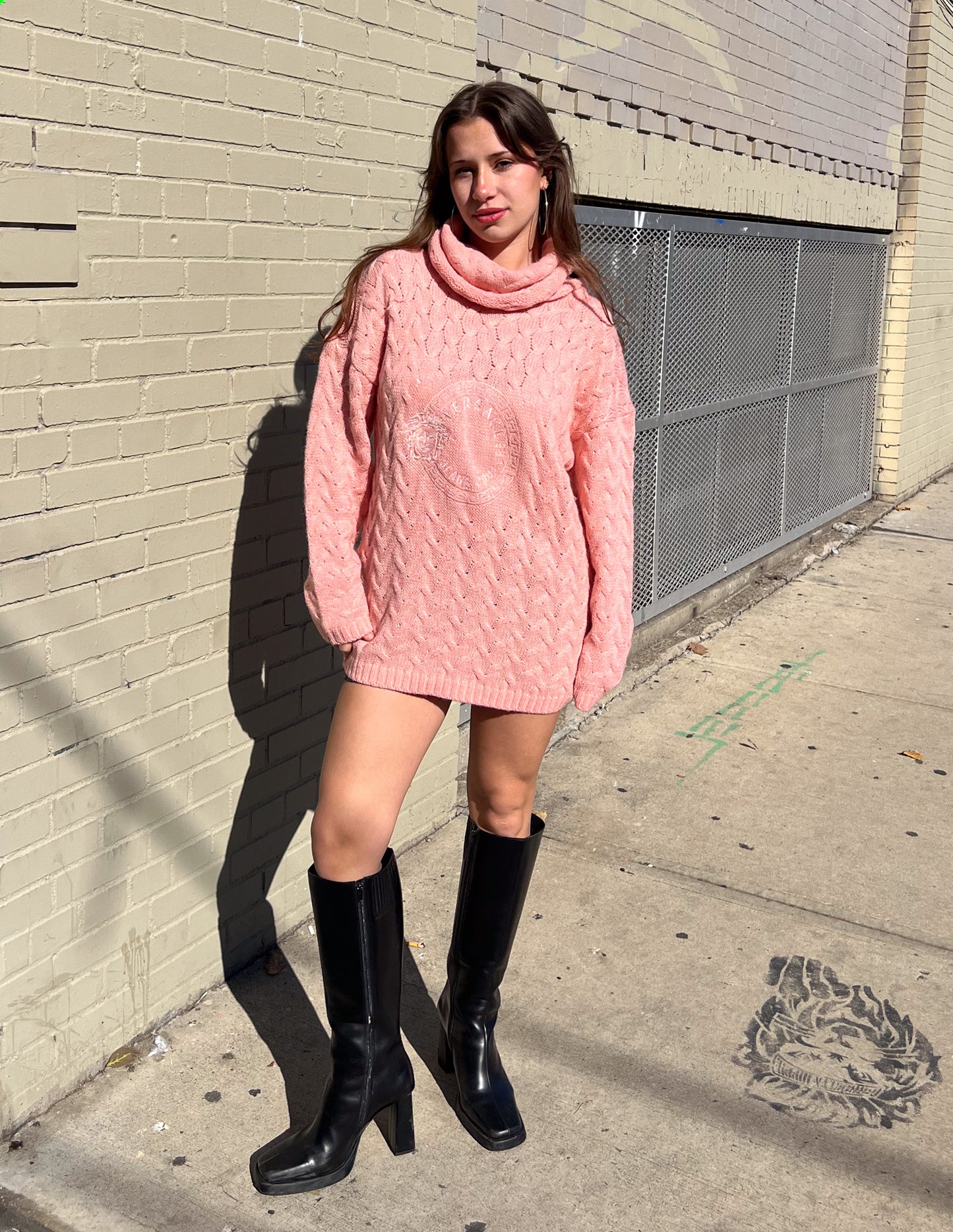 Versace Jeans Pink Knit Turtleneck Sweater Dress