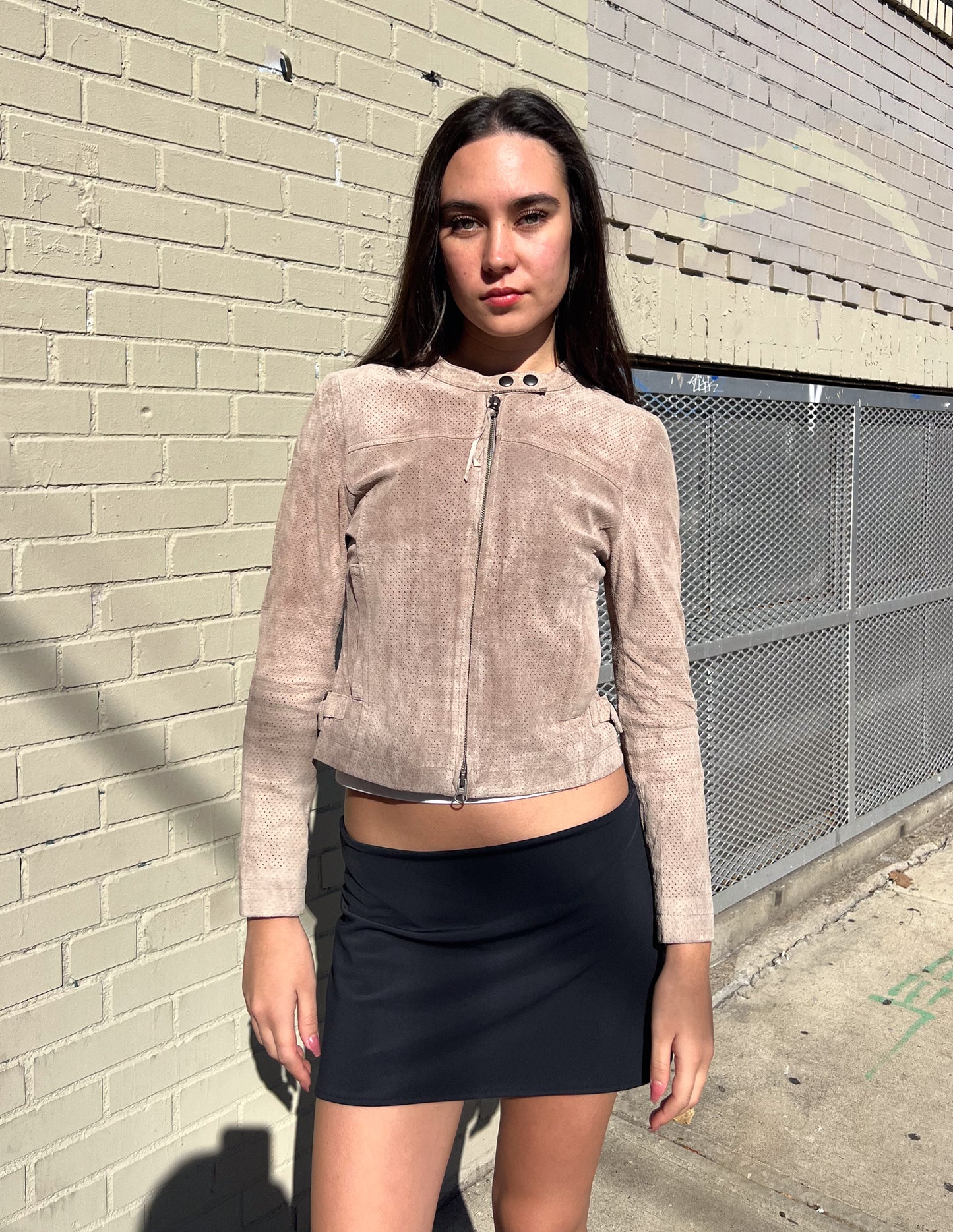 Oppure Taupe Cropped Leather Moto Jacket