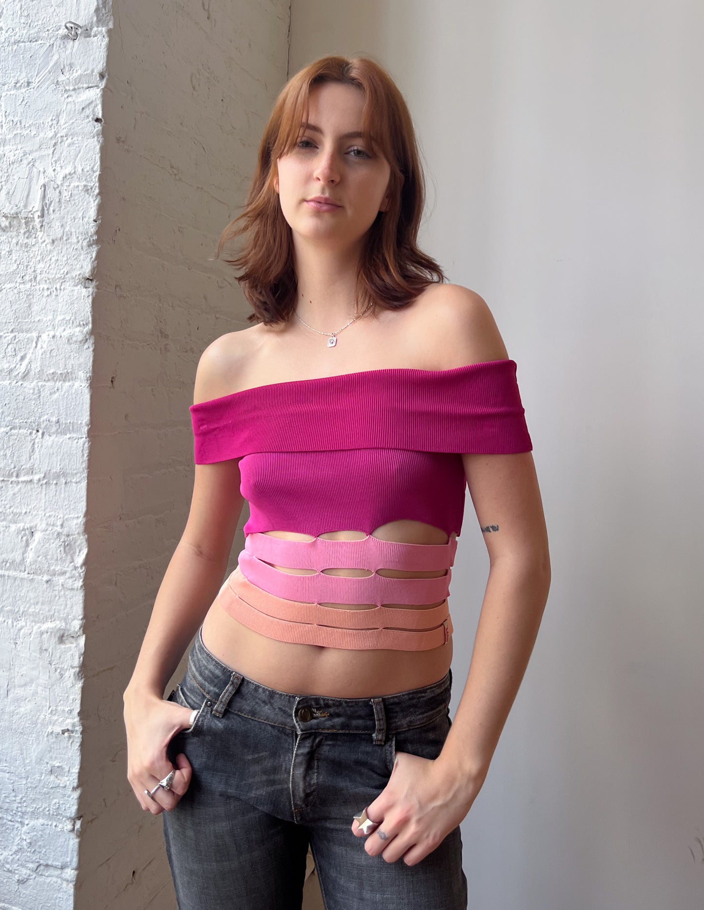 Miss Sixty Pink Cut Out Off Shoulder Top