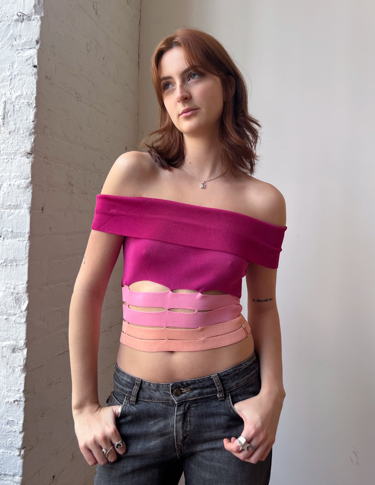 Miss Sixty Pink Cut Out Off Shoulder Top