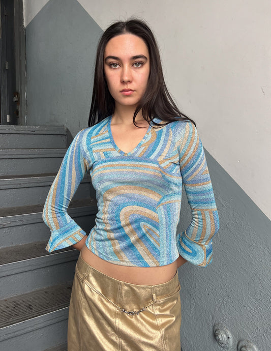 Vtg Shimmer Mesh Blue Abstract Print Top