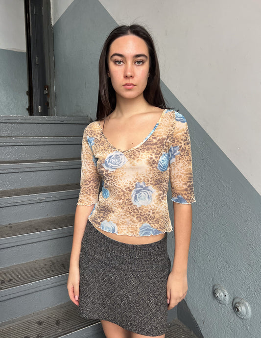 Vtg Leopard Blue Floral Mesh Top