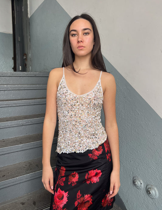 Vtg White Sequin Asymmetrical Tank