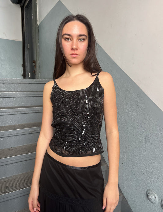 Vtg Black Sequin Adjustable Tank