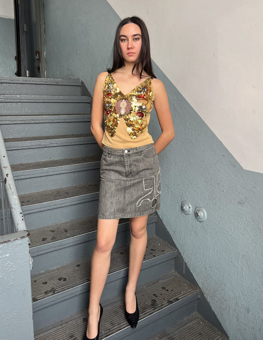 Vtg Butterfly Gold Sequin Tank