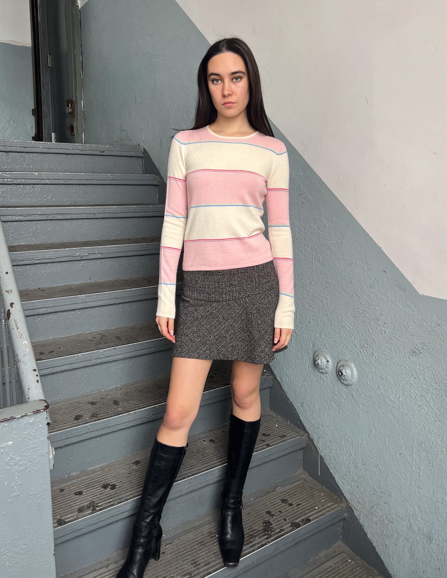 Vtg Pink & Cream Stripe Cashmere Sweater