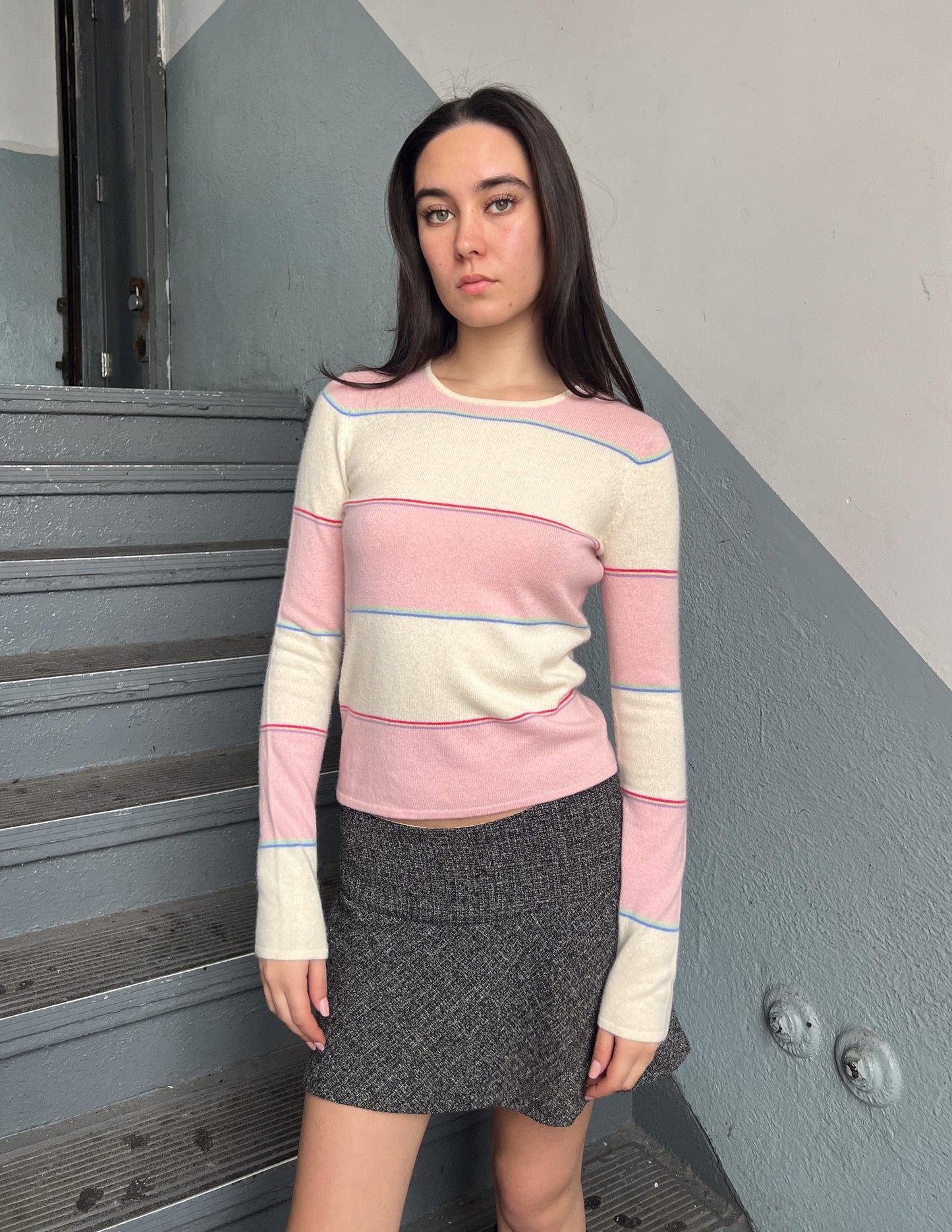 Vtg Pink & Cream Stripe Cashmere Sweater