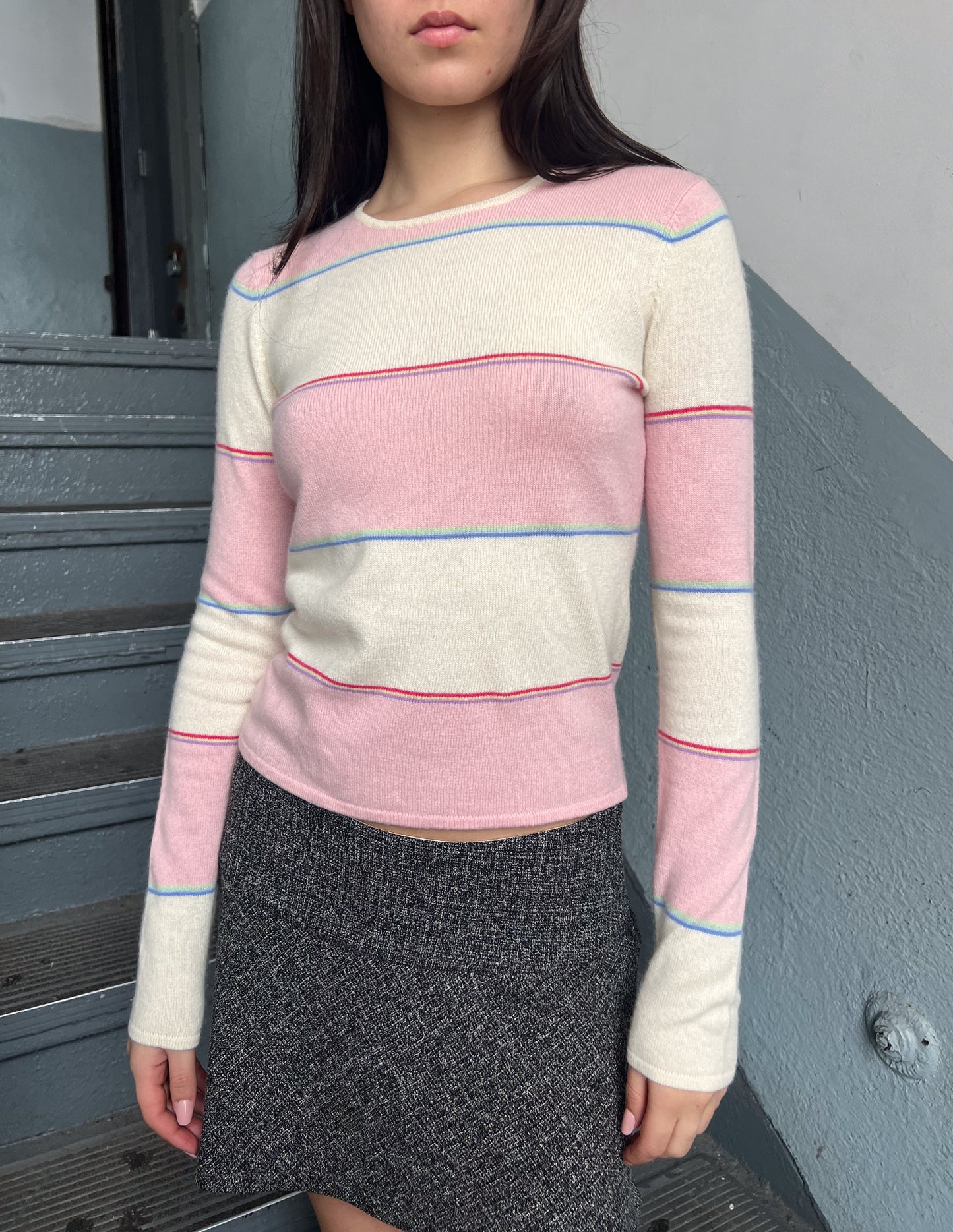 Vtg Pink & Cream Stripe Cashmere Sweater