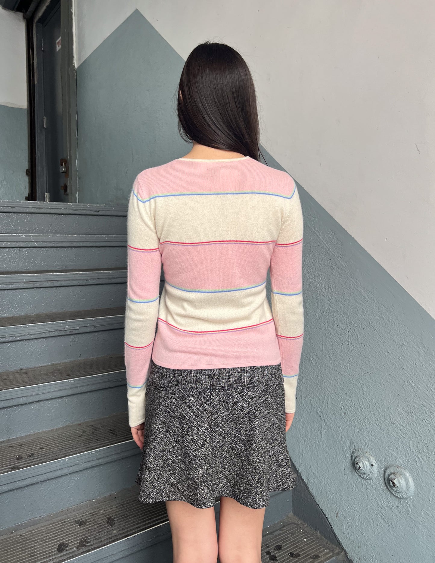 Vtg Pink & Cream Stripe Cashmere Sweater