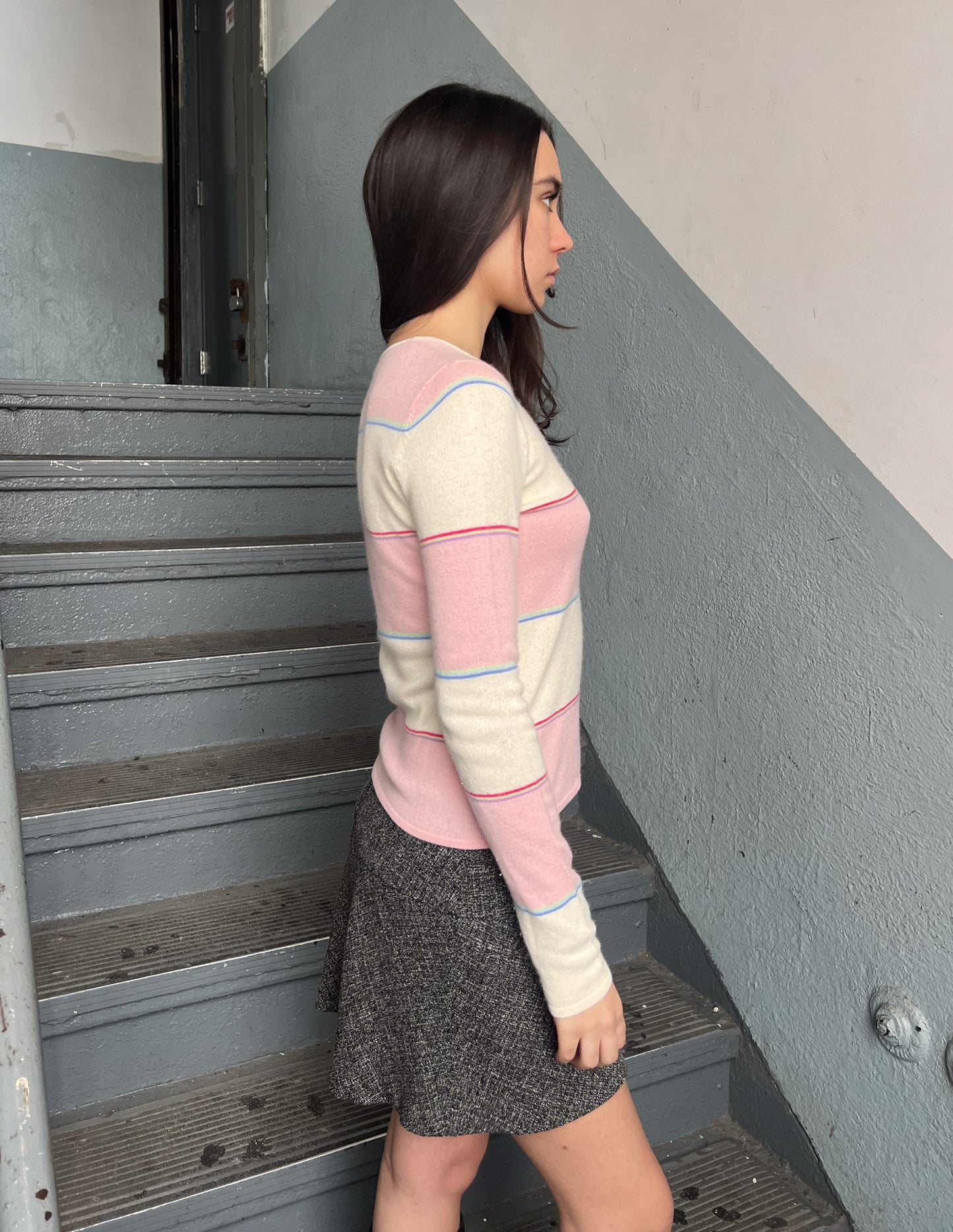 Vtg Pink & Cream Stripe Cashmere Sweater