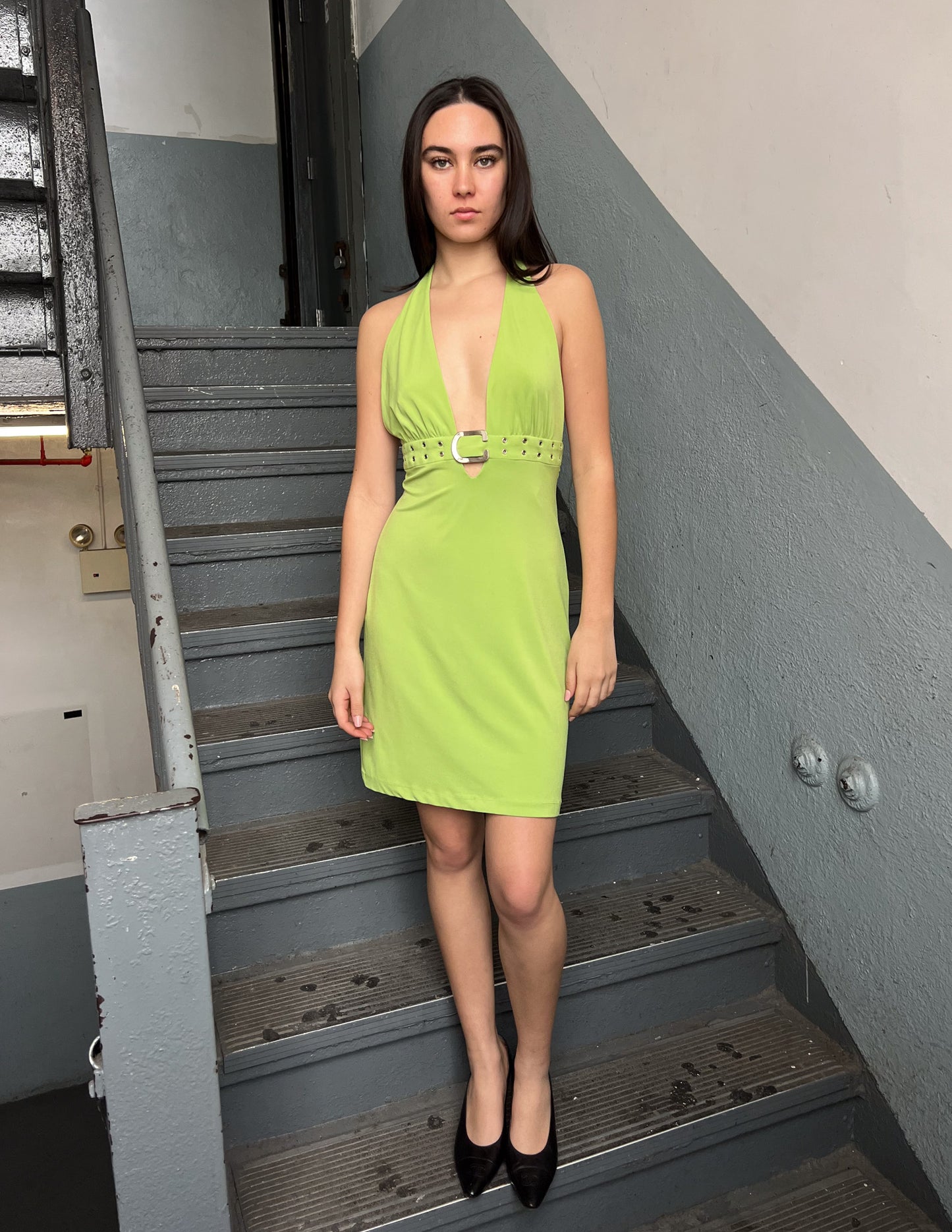 Caché Lime Green Plunge Midi Dress