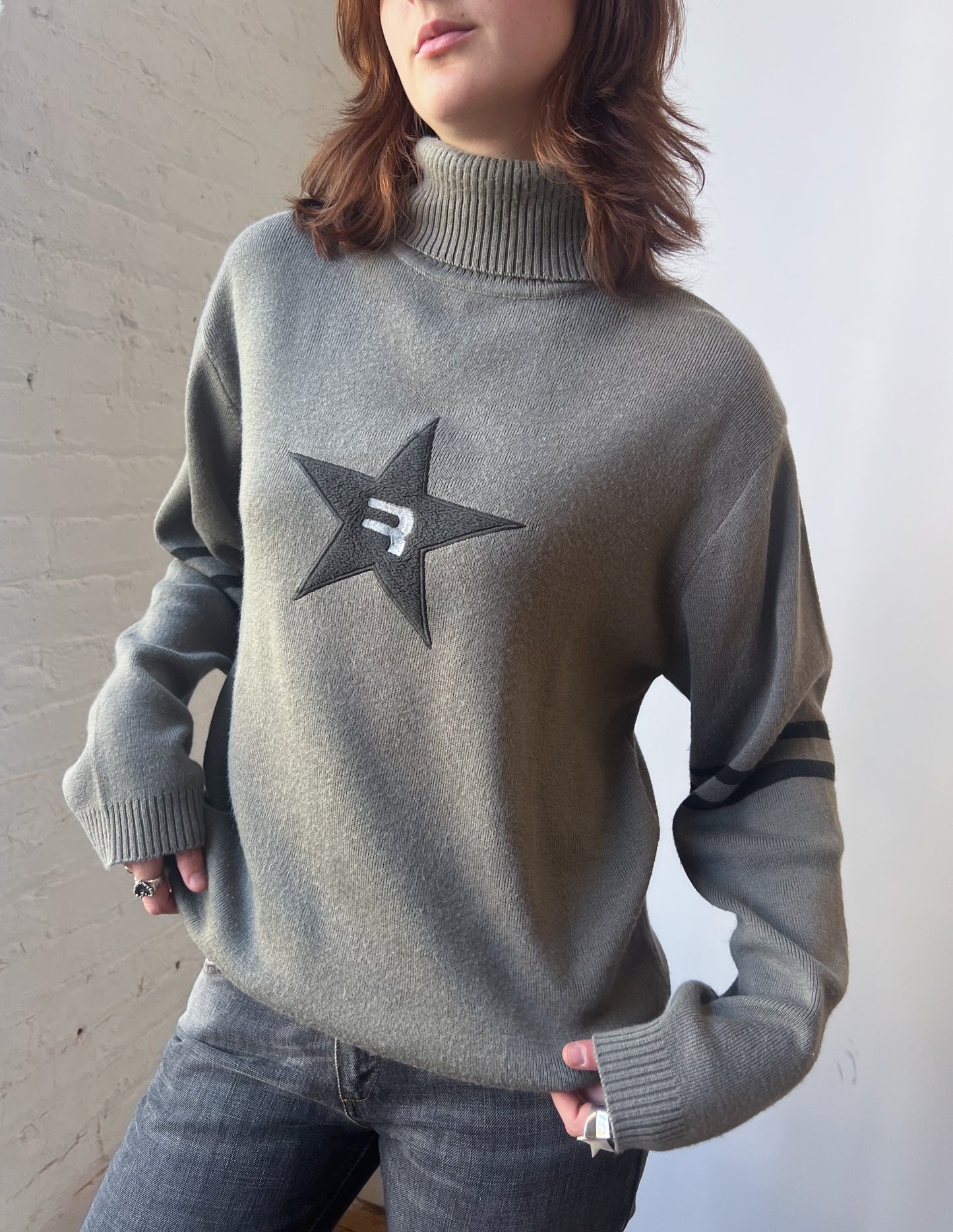 Vtg Olive Green Star Patch Turtleneck