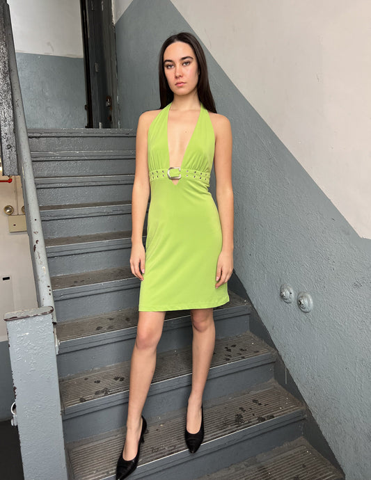 Caché Lime Green Plunge Midi Dress