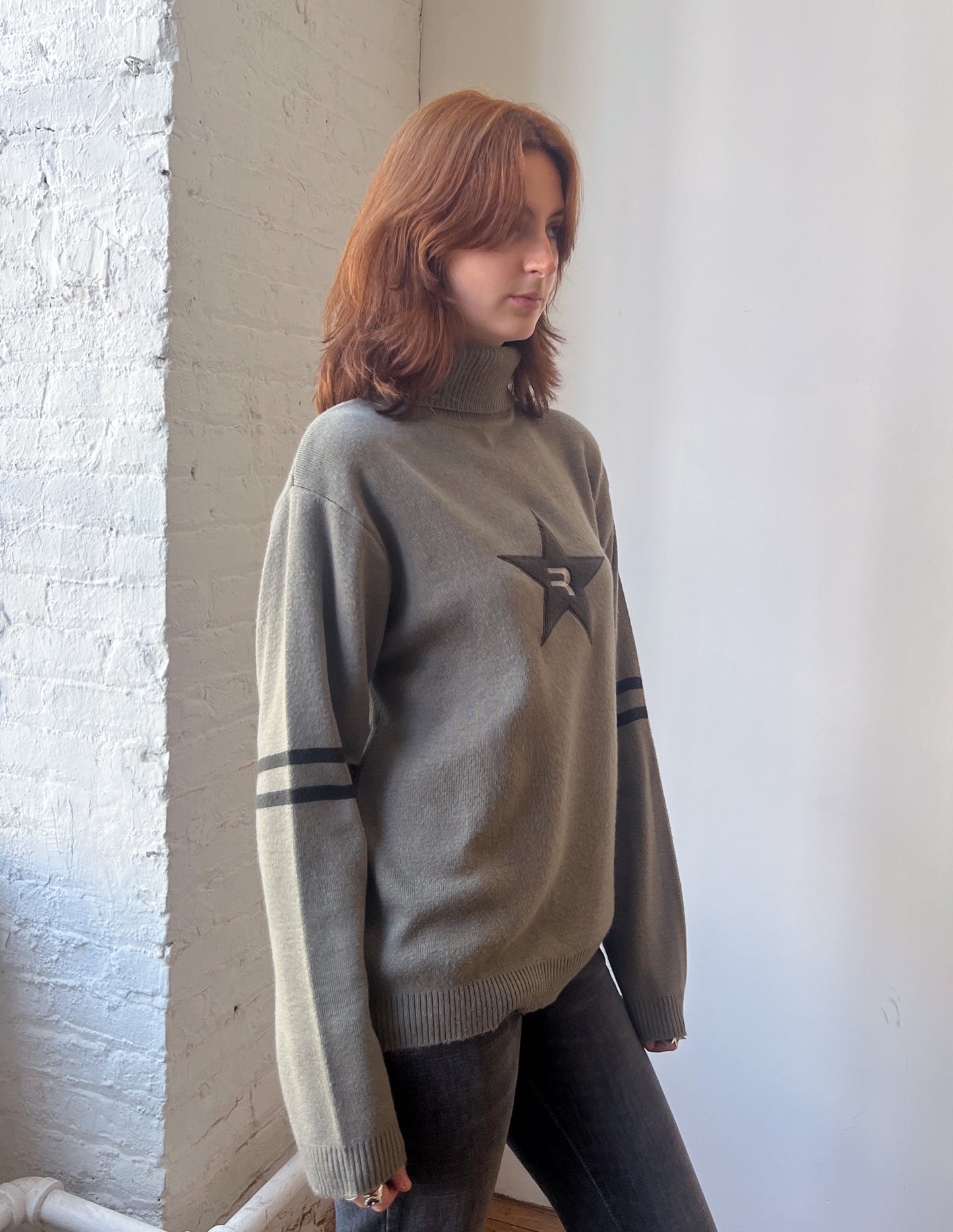 Vtg Olive Green Star Patch Turtleneck