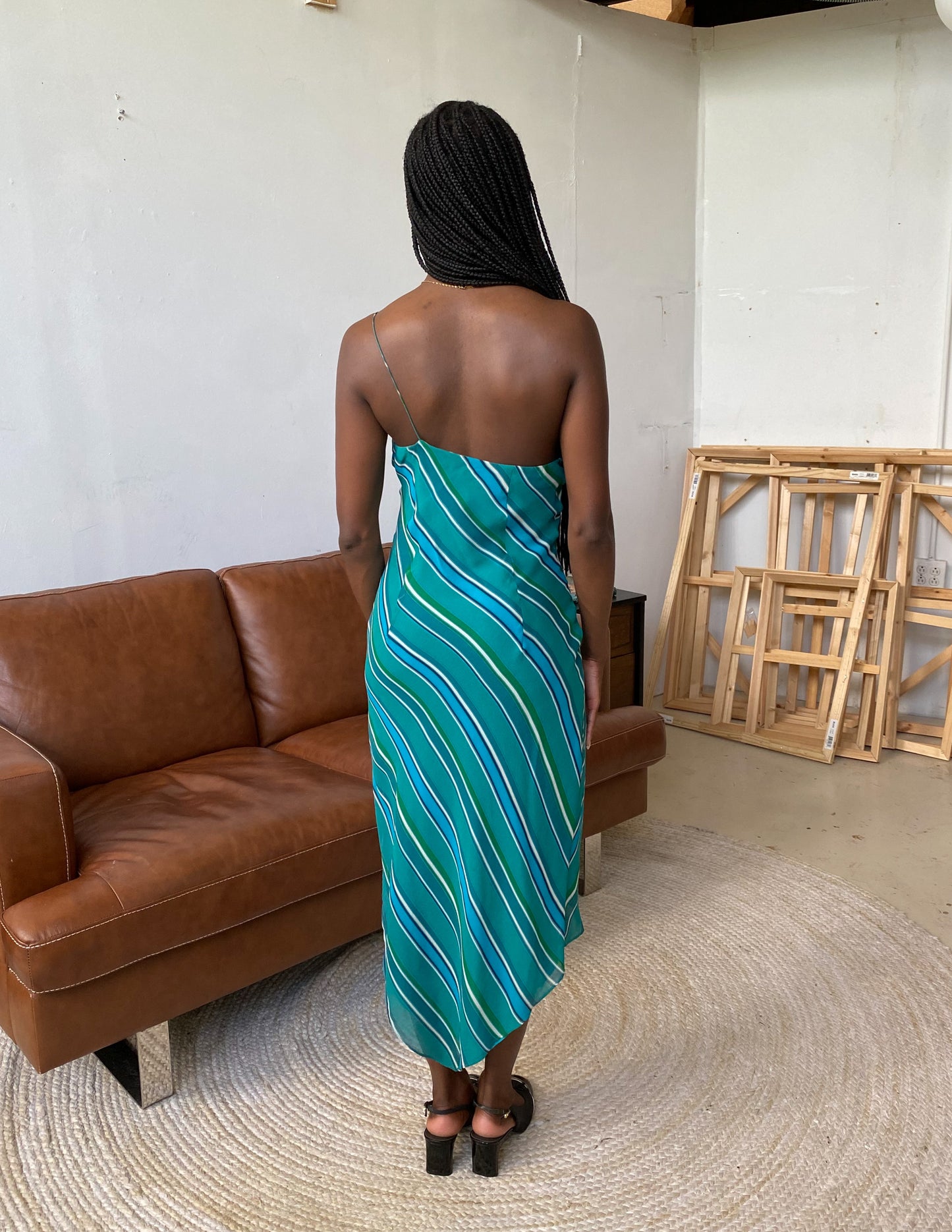 100% Silk Asymmetric Hem One Shoulder Midi Dress