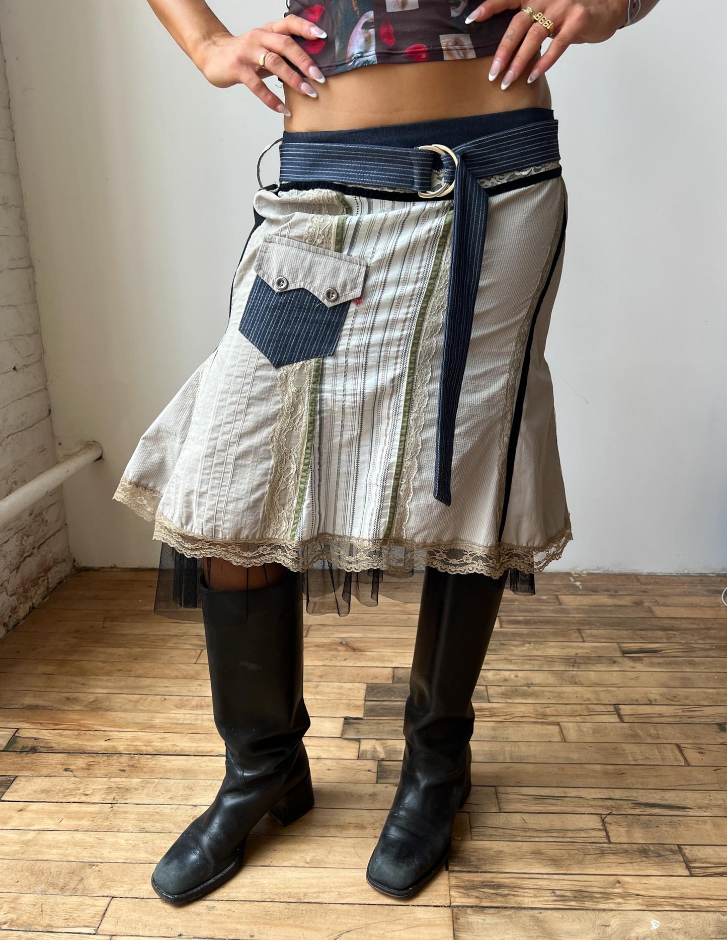 Vtg Belted Multi Pattern Midi Skirt