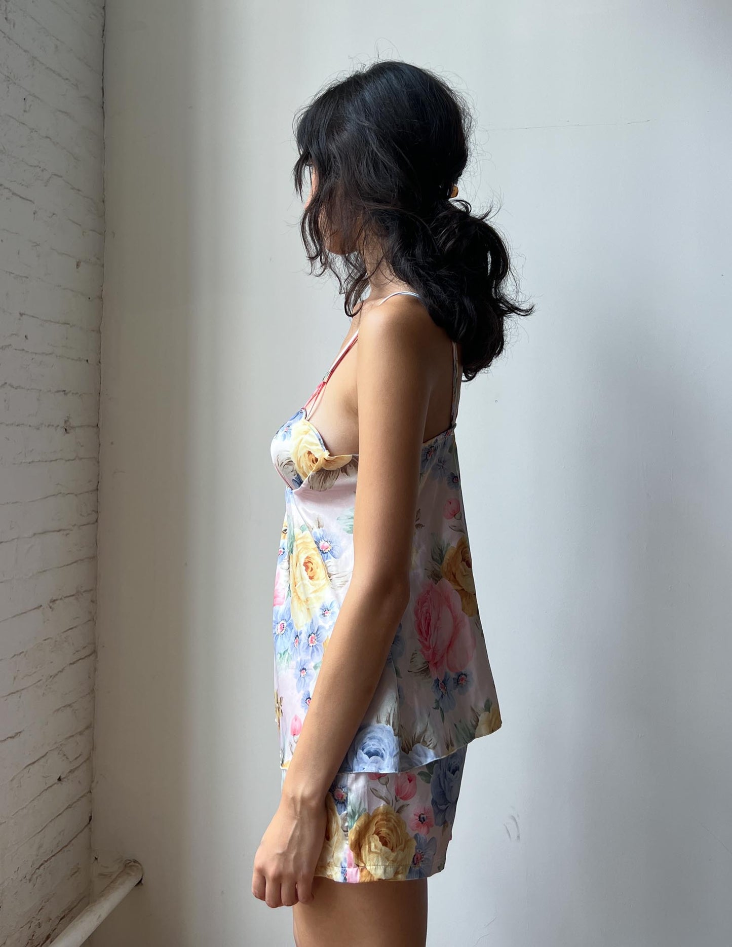 Vtg Floral Silk Bustier & Shorts Set