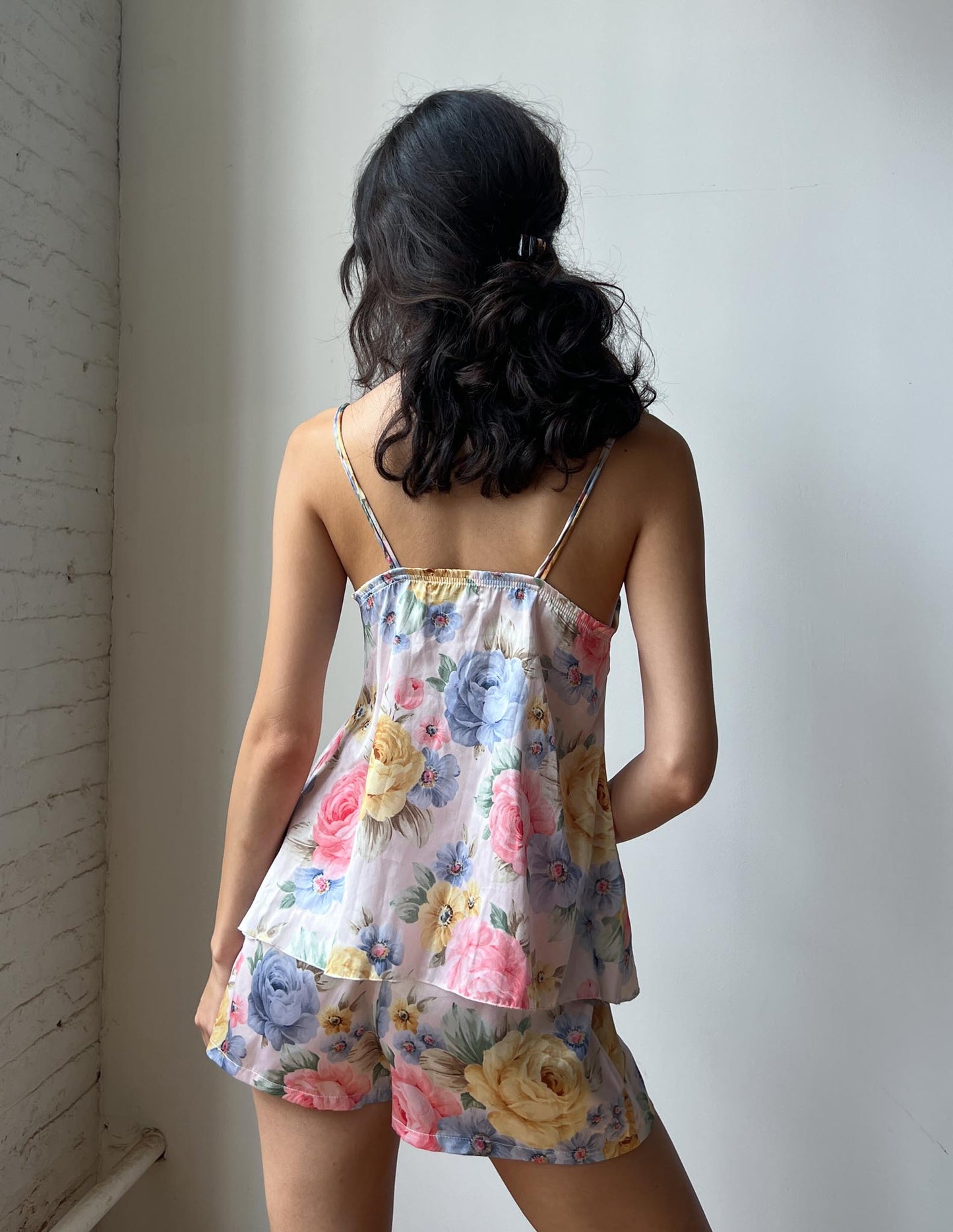 Vtg Floral Silk Bustier & Shorts Set