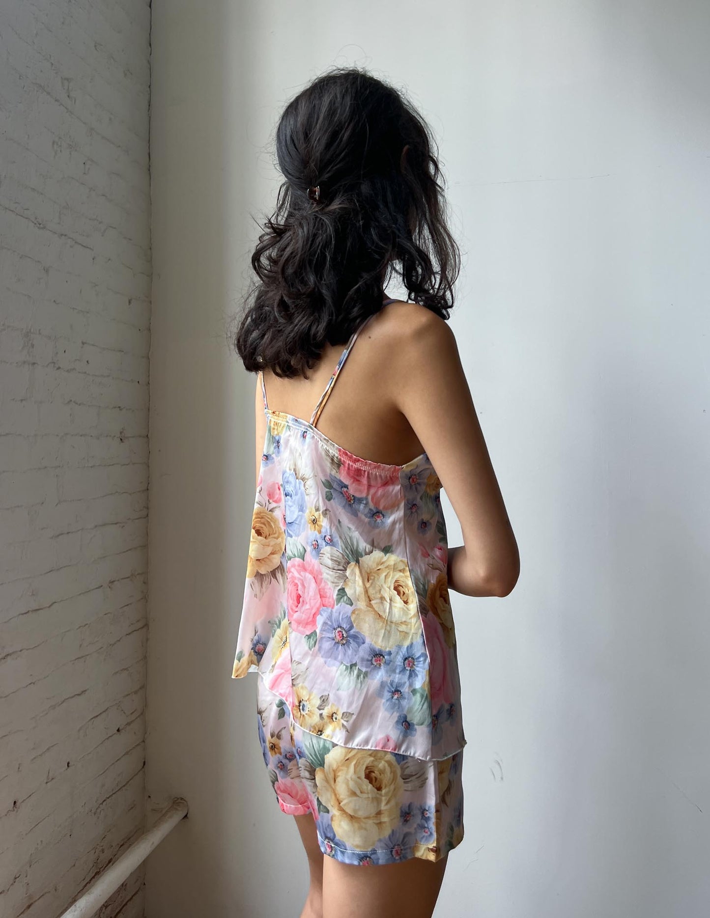 Vtg Floral Silk Bustier & Shorts Set