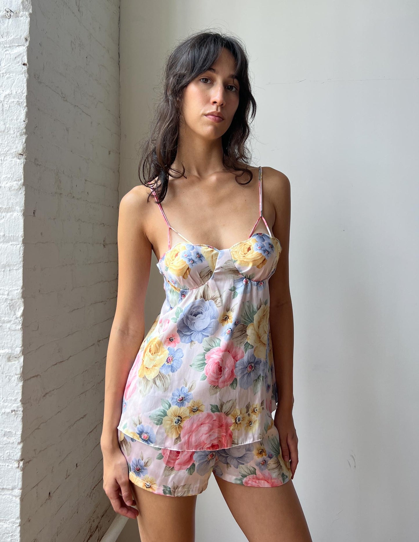 Vtg Floral Silk Bustier & Shorts Set