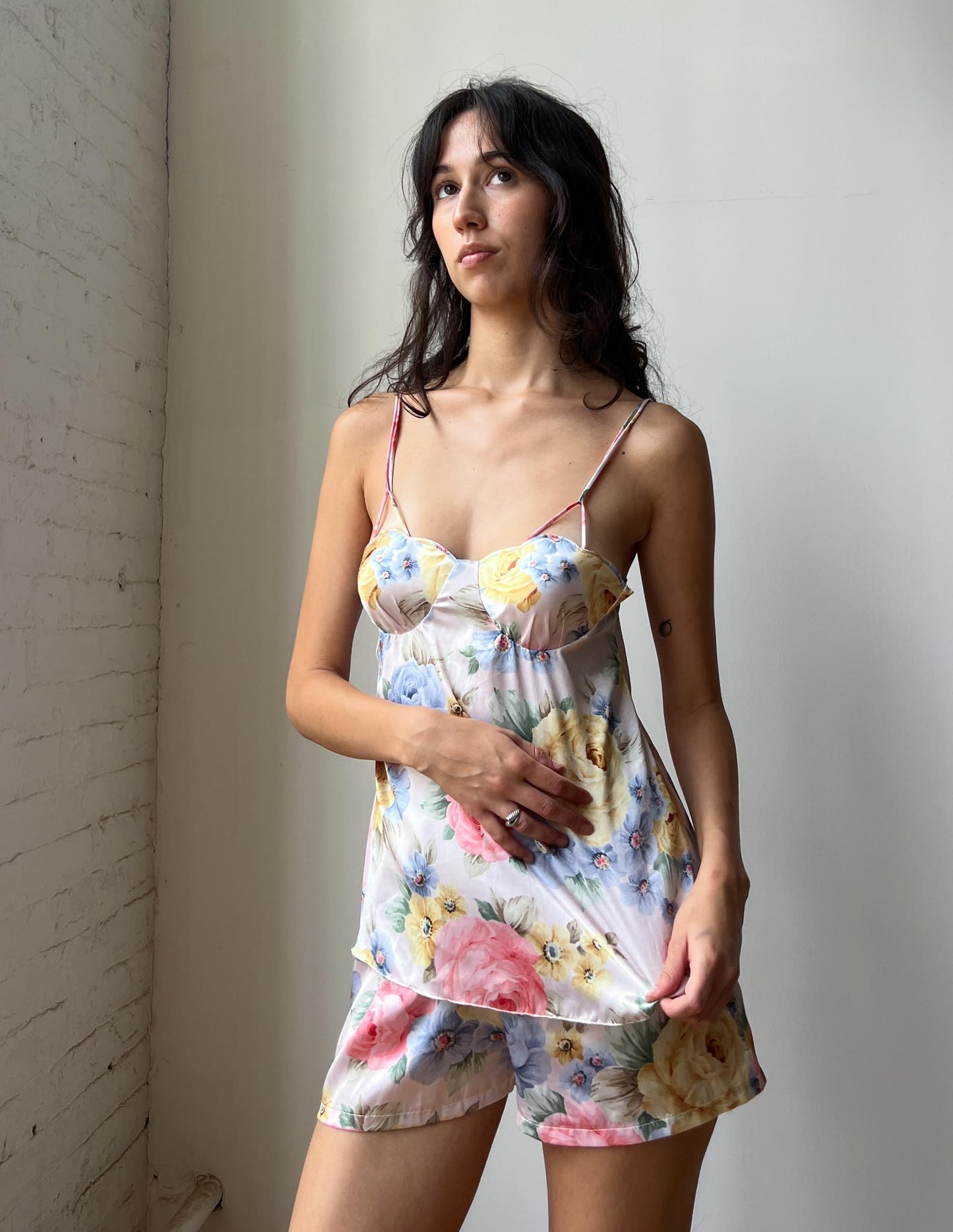 Vtg Floral Silk Bustier & Shorts Set