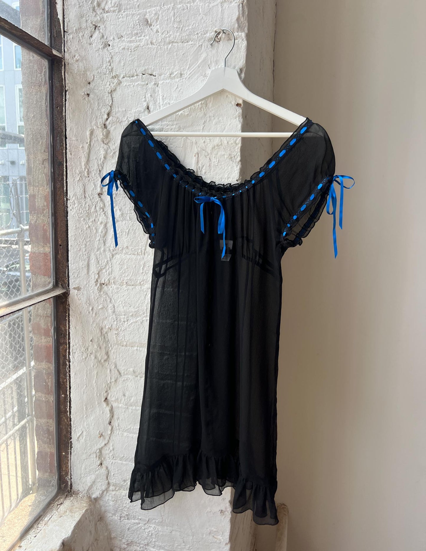 Vtg Black Silk Babydoll Dress Blue Ribbon Detail